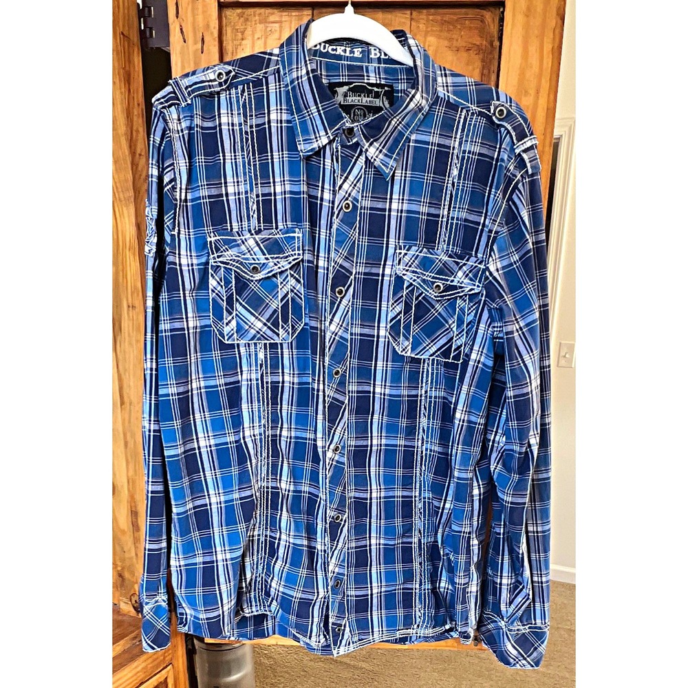 Buckle Black Label Slim Fit Blue White Plaid Long Sleeve Snap-Up Shirt XL